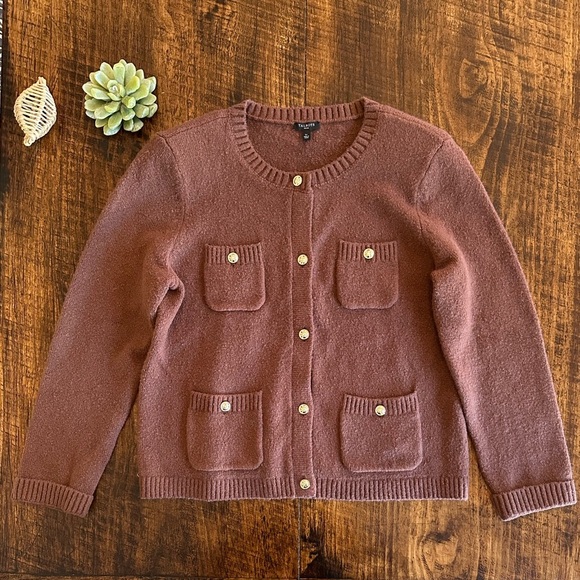 Talbots | Boucle Wool Blend Cardigan w/Patch Pocketd, Brown, Size LP, NWT - Picture 2 of 10